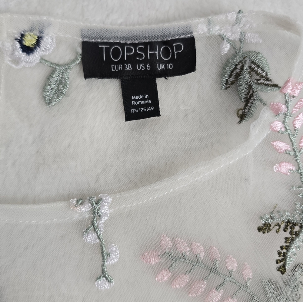 Women's Top Shop Shirt Sheer Tulle with Puff Sleeves Size 6 Embroidered TopShop - Picture 5 of 7